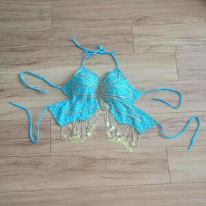 Y2K Blue Beaded Sequin Butterfly Fairy Top